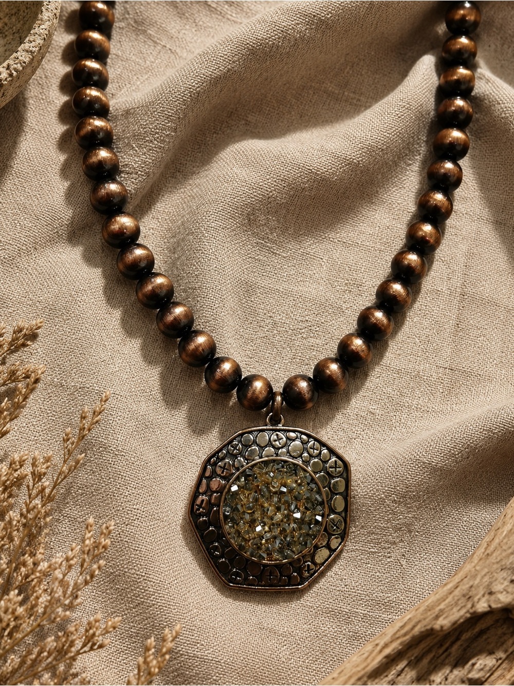 🆕🍁Women's Bronze Resin Bead Necklace with Cooper Crystal Pendant